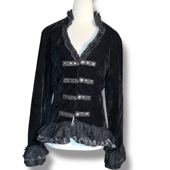 Hearts & Roses Jackets & Blazers - Hearts And Roses Black Velvet Gothic Military Jacket Lace Up Corset Back Sheer 8